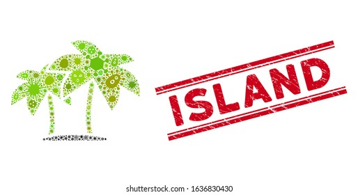 Pathogen mosaic island palms icon and red Island stamp between double parallel lines. Mosaic vector is composed with island palms icon and with random contagion objects. Island stamp uses red color,