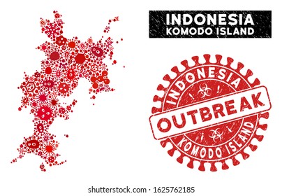 Pathogen mosaic Komodo Island map and red grunge stamp watermark with OUTBREAK text. Komodo Island map collage composed with scattered epidemic elements.