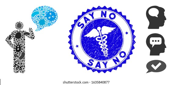 Pathogen mosaic man idea balloon icon and round distressed stamp seal with Say No caption and doctor sign. Mosaic vector is composed with man idea balloon icon and with random microbe items.