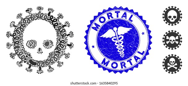 Pathogen mosaic mortal virus icon and rounded distressed stamp seal with Mortal phrase and healthcare sign. Mosaic vector is created from mortal virus icon and with random pathogen objects.