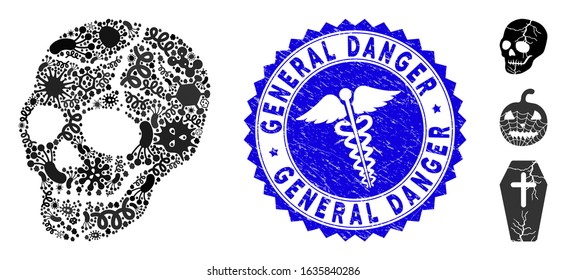 Pathogen mosaic old skull icon and rounded grunge stamp seal with General Danger text and medical sign. Mosaic vector is created with old skull icon and with random contagion elements.