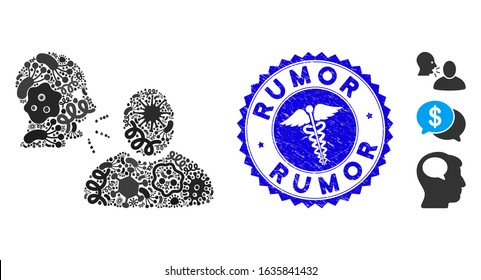 Pathogen Mosaic Rumor Icon And Rounded Corroded Stamp Watermark With Rumor Phrase And Clinic Sign. Mosaic Vector Is Formed With Rumor Icon And With Random Pathogen Icons.