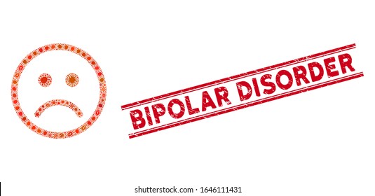 Pathogen Mosaik traurig Smiley Icon und rot Bipolar Disorder Gummi Druck zwischen zwei parallelen Linien. Mosaike Vektorillustration besteht aus traurigem Smiley-Symbol und randomisierten Infektionsartikeln.