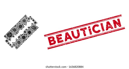 Pathogen mosaic shaving razor blade icon and red Beautician seal stamp between double parallel lines. Mosaic vector is created with shaving razor blade pictogram and with randomized infection symbols.