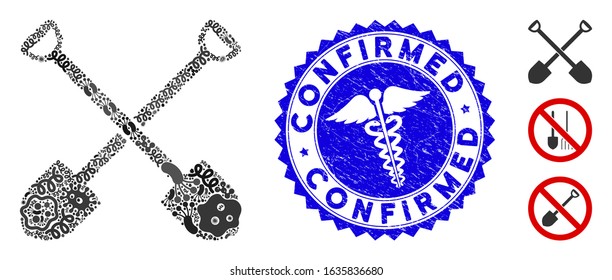 Pathogen mosaic shovels icon and round distressed stamp seal with Confirmed phrase and doctor icon. Mosaic vector is created from shovels icon and with scattered infectious icons.