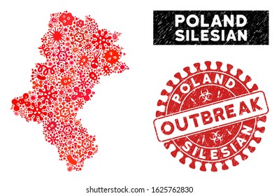 Pathogen mosaic Silesian Voivodeship map and red rubber stamp watermark with OUTBREAK words. Silesian Voivodeship map collage constructed with scattered infection elements.