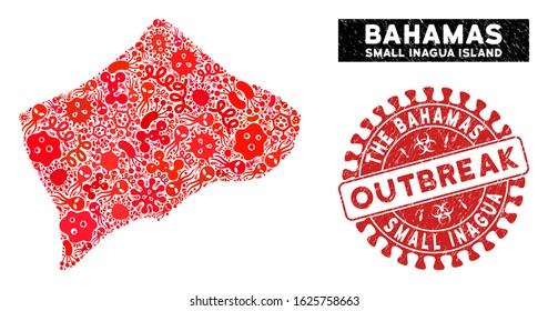 Pathogen mosaic Small Inagua Island map and red rubber stamp seal with OUTBREAK text. Small Inagua Island map collage composed with random contagious symbols.
