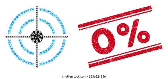 Pathogen mosaic target icon and red 0% stamp between double parallel lines. Mosaic vector is formed with target pictogram and with scattered contagion icons. 0% stamp uses red color,