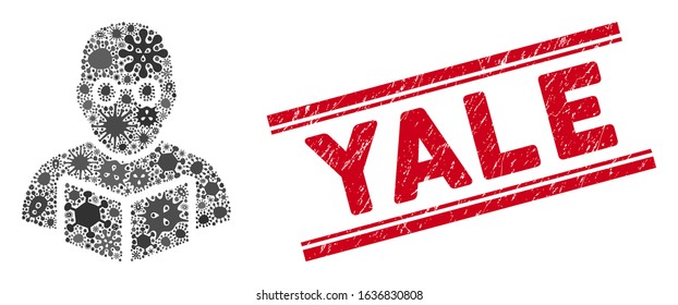 Pathogen mosaic teacher icon and red Yale seal stamp between double parallel lines. Mosaic vector is designed with teacher pictogram and with random microorganism icons.