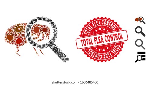 Pathogen mosaic total flea control icon and rounded rubber stamp seal with Total Flea Control phrase. Mosaic vector is composed with total flea control icon and with random microbe cell icons.