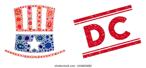 Pathogen mosaic Uncle Sam hat icon and red DC seal stamp between double parallel lines. Mosaic vector is designed with Uncle Sam hat icon and with random infection objects.