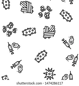Pathogen Seamless Pattern Vector. Pathogen Bacteria Microorganism, Microbes And Germs Linear Pictograms. Analysis In Flask, Microscope And Injection Illustration