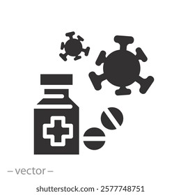 pathogen treatment, discovery coronavirus pills icon, virus vaccine concept, bacteria antibiotic, flat vector illustration