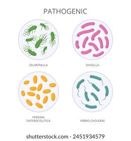 Pathogenic bacteria. Cartoon biological microorganism, bad microbes and bacteria, pathogenic flora microorganism flat vector illustration. Bad microbiota in petri dish