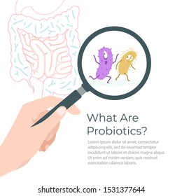 Pathogenic bacterial microorganism in a magnifier. The image of the intestine, vector illustration.