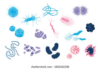 Colección de microorganismos patógenos. Virus, bacterias, gérmenes. Enfermedades humanas que causan objetos. Microbiología, ciencia, concepto de atención médica ilustración vectorial aislada de fondo blanco