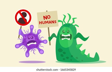 Pathogenic viruses want to destroy all humanity. Very dangerous pathogenic bacteria. Germs versus people. Medical vector illustration, flat design, cartoon style. Isolated background.