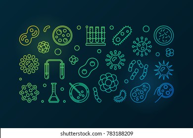 Pathogenicity colorful outline illustration. Vector horizontal banner made with pathogen and virus icons in thin line style on dark background