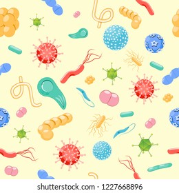 pathogens shapes. seamless bacterium and viruses pattern. viruses (ebolavirus, hepatitis, rotavirus, adenovirus, papillomavirus, influenza) bacteria (staphylococci; bacilli), and toxoplasma.
