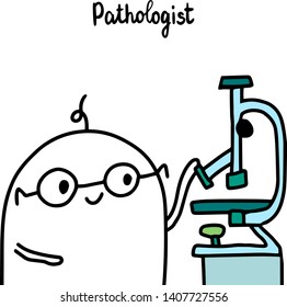 Pathologist hand drawn vector illustration with cartoon men doctor miscroscope laboratory