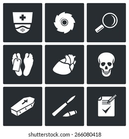 Pathologist and morgue icons: autopsy and to establish cause of death. Vector Illustration.