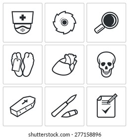 Pathologist and morgue icons set. Vector Illustration