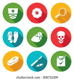 Pathologist and morgue Icons Set. Vector Illustration. Isolated Flat Icons collection on a color background for design