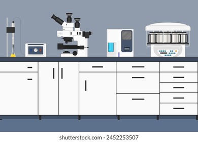 Pathology laboratory. Laboratory equipment for medical research. Microscope, automatic tissue processor, automatic hematology analyzer, homogenizer. Medical laboratory.