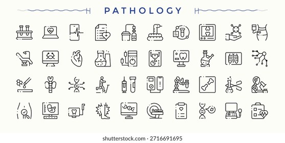 Colección de iconos lineales de patología. Iconos de línea con trazo editable. Icono del hospital. Paquete de diagnóstico, prueba, médico, clínica, atención y más.