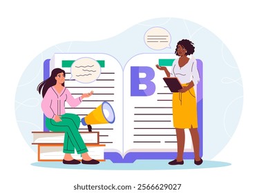 Pathology speech therapy. Woman with speech therapist reads book. Education and training for preschoolers. Diagnosis and treatment. Speaking lesson. Flat vector illustration