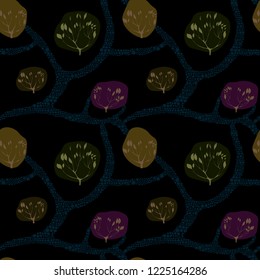 paths among bright trees. Seamless vector pattern with graphic trees.