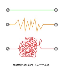Paths from A to B composition with straight zigzag and complicated ways. Isolated vector illustration