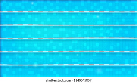 Paths for dip in the pool, top view. Texture of water in swimming pool, flat lay view. Reflexion on the water surface. Blue ripped water in Olympic sport object. Vector template for events, cover