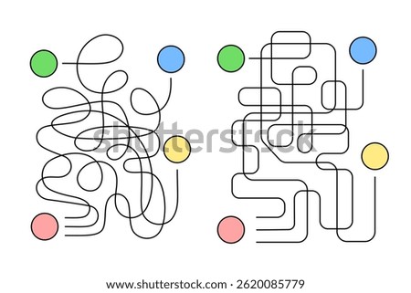 Paths of labyrinth of three routes and chaotic tangled roads, crossroads, forks in vertical format for children's puzzle, an educational game for finding way from one object to three others. Vector.