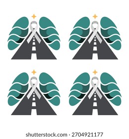 pathway to awareness icons set, road leading to lungs, rising star, lung cancer prevention message, editable minimal vector
