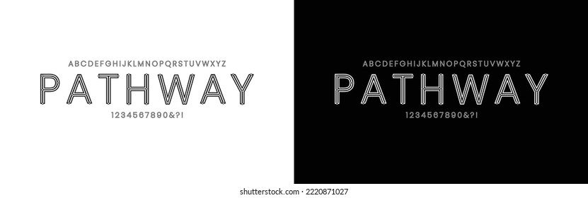 Pathway Font is set of upper case alphabets fonts letters and numbers modern. Abstract design with lines and circle vector illustration. Suites for fashion, sport, and art.