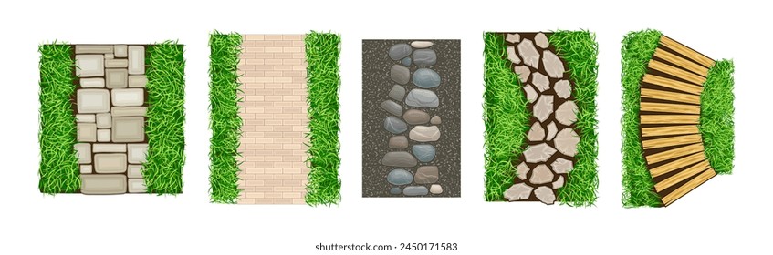 Pathway and Park Walkway on Green Grass Above View Vector Set