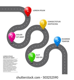Pathway roadmap with route pin icon on the way track. Vector top view road map template design