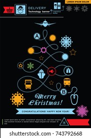  Pathway in the shape of christmas tree. Bright neon christmas logistics icons on the black background. Technology background. Icon of Santa Claus. 