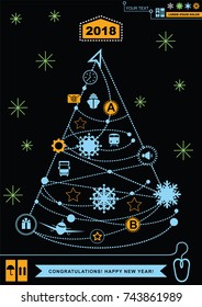  Pathway in the shape of christmas tree. Bright neon christmas logistics icons on the black background. Technology background. 