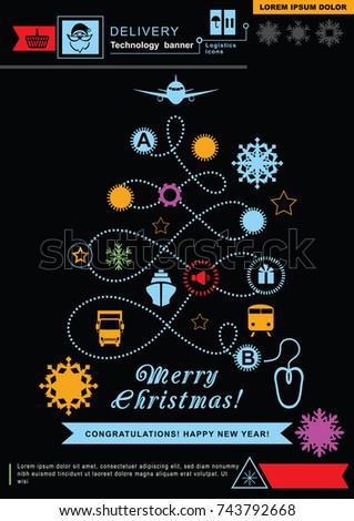  Pathway in the shape of christmas tree. Bright neon christmas logistics icons on the black background. Technology background. Icon of Santa Claus. 