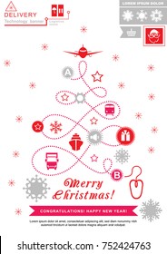  Pathway in the shape of christmas tree. Red grey christmas logistics icons on the white background. Technology background. Icon of Santa Claus. 