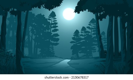 Pathway through dark forest illustration with moonlight