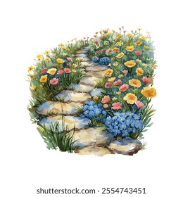 pathway trough a flower garden vector illustration in watercolor style