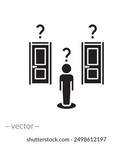 pathway uncertainty question icon, choice from two door, make right step, flat vector illustration