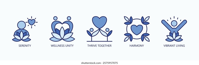 Pathways To Harmony Icon Set Isolated Vector With Icon Of Serenity, Wellness Unity, Thrive Together, Harmony, Vibrant Living In Blue Style