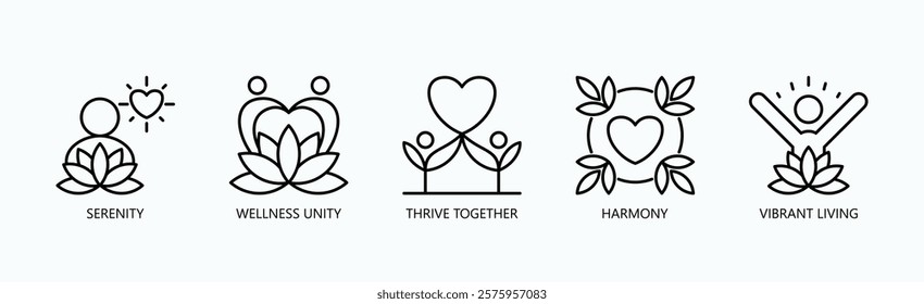 Pathways To Harmony Icon Set Isolated Vector With Icon Of Serenity, Wellness Unity, Thrive Together, Harmony, Vibrant Living In Outline Style