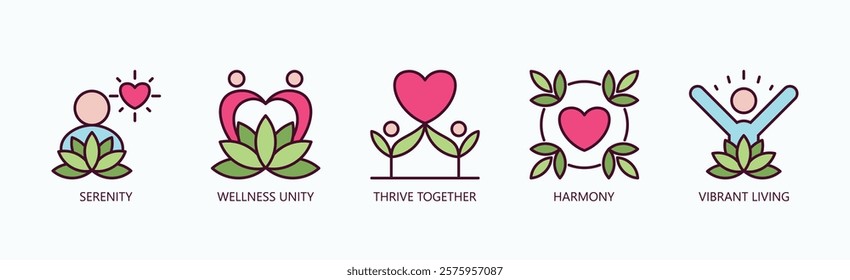 Pathways To Harmony Icon Set Isolated Vector With Icon Of Serenity, Wellness Unity, Thrive Together, Harmony, Vibrant Living In Outline Color Style