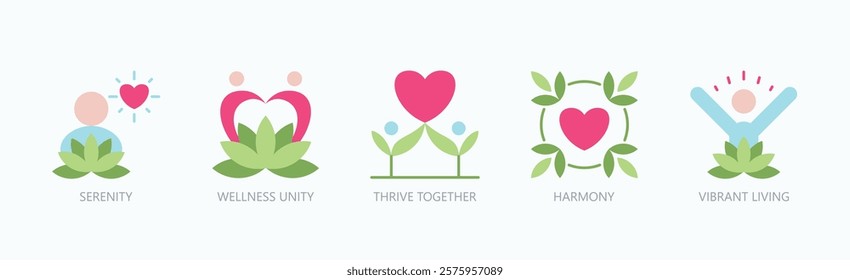 Pathways To Harmony Icon Set Isolated Vector With Icon Of Serenity, Wellness Unity, Thrive Together, Harmony, Vibrant Living In Flat Style