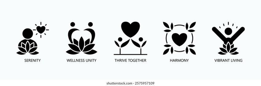 Pathways To Harmony Icon Set Isolated Vector With Icon Of Serenity, Wellness Unity, Thrive Together, Harmony, Vibrant Living In Glyph Style